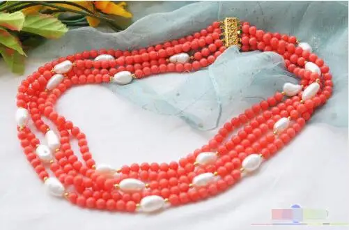 

wholesale natural 5row 21" pink coral bead white baroque pearl NECKLACE
