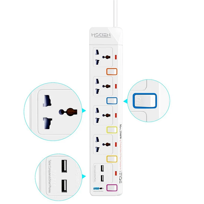 Удлинитель с USB 4 универсальных разъема 2 usb порта для зарядки 1 8 м (включая розетки)