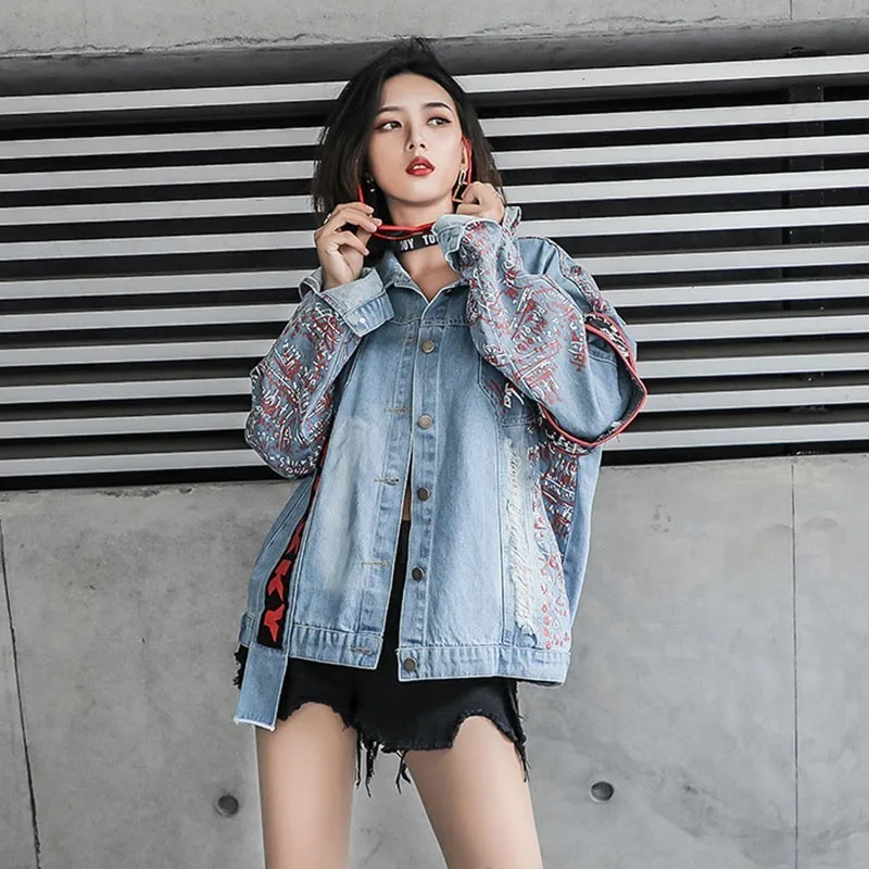 Graffiti Print Denim Jacket Women Autumn Double Zipper Armband Jeans Bomber Unisex Loose Outwear Кэжуал Feminina NZY25 | Женская