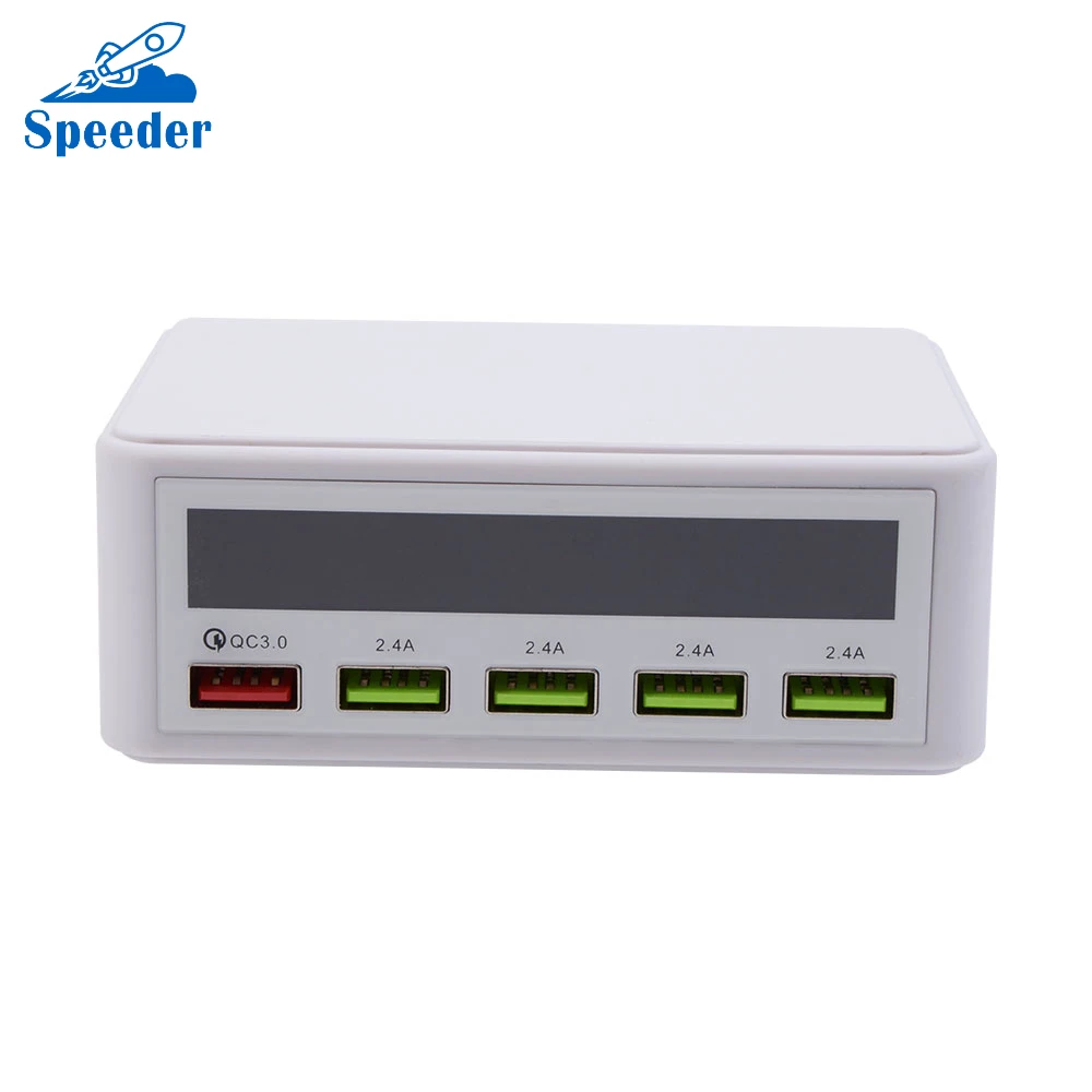 

818 EU Plug 5 USB Outputs Power Adapter With 4 USB Ports And A Quick-Charge 3.0 USB Port Intelligent LCD Display