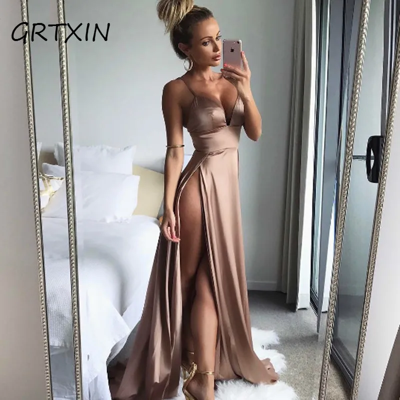 Сексуальные вечерние платья на бретельках с боковым высоким разрезом летнее