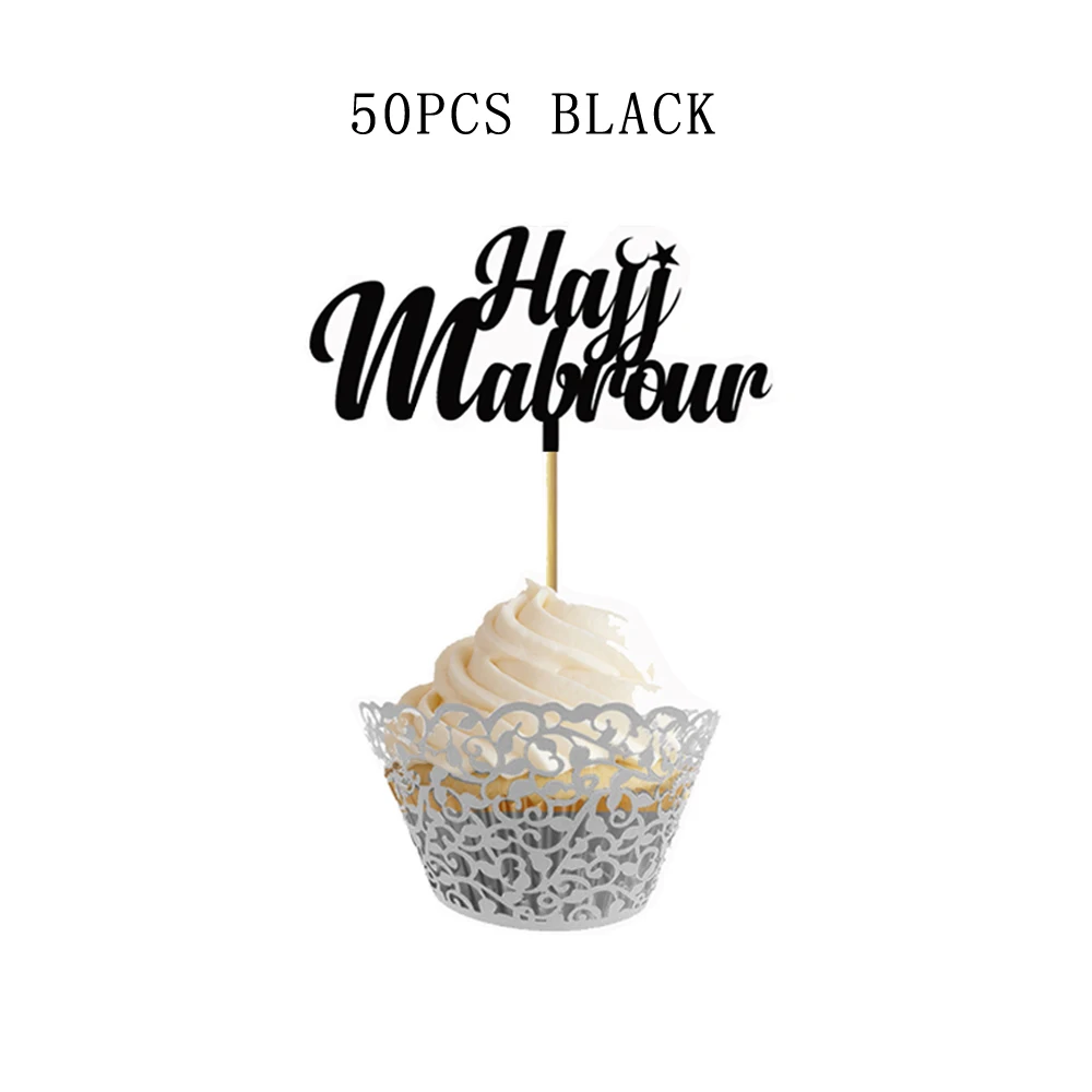 50 шт. блестящая бумага Hajj Mubrour Cupcake Topper черный золотой серебряный mubarak торт