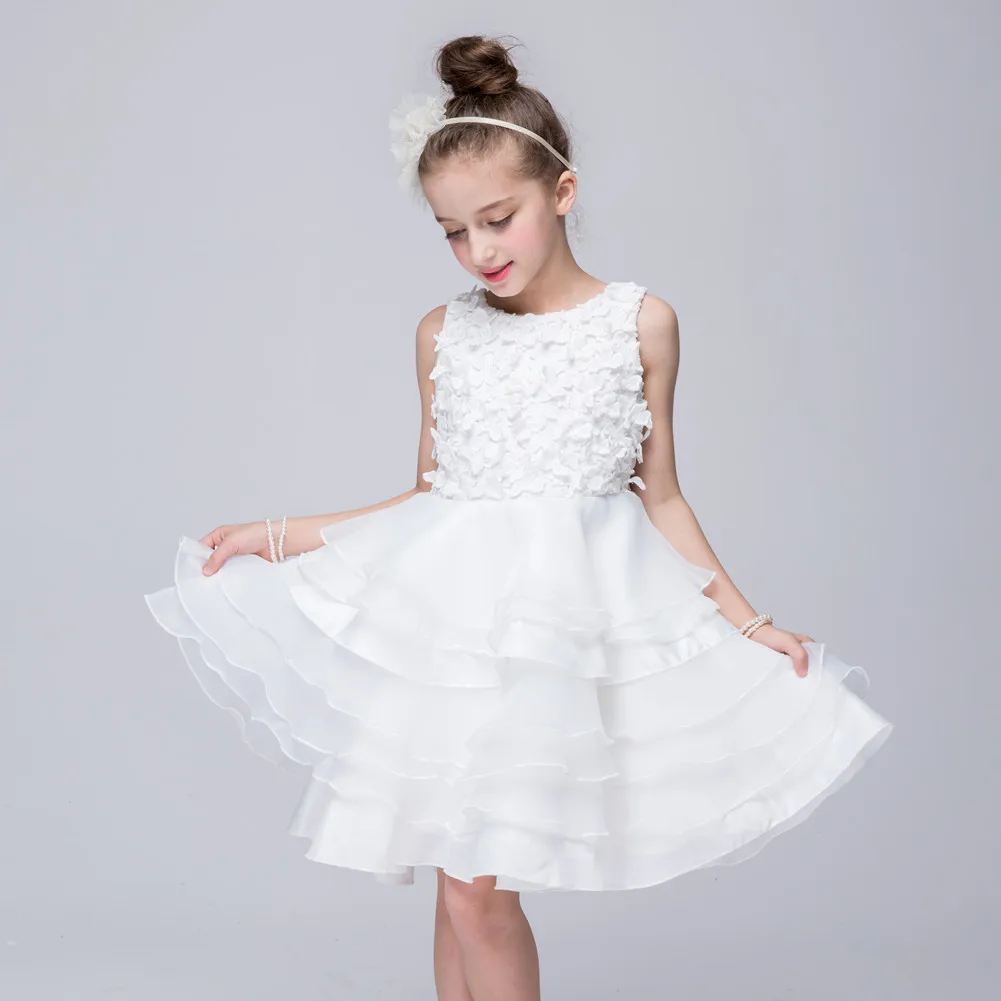 New 2017 girls formal wedding banquet ceremony Stereo flowers white princess dress Baby girl's clothes 3 4 5 6 7 8 years | Детская