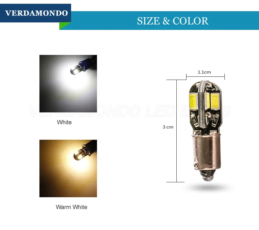 Фото Светодиодсветодиодный лампы BA9S T4W 8 SMD 5730, лампы T2W T3W H5W для светильник салона автомобиля, 12 в пост. Тока, теплый белый свет, 2 шт. №4
