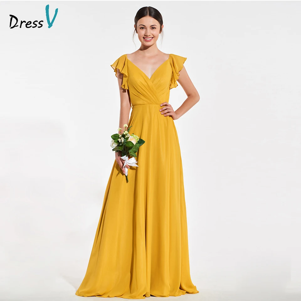 Dressv элегантное Золотое платье подружки невесты с v образным вырезом