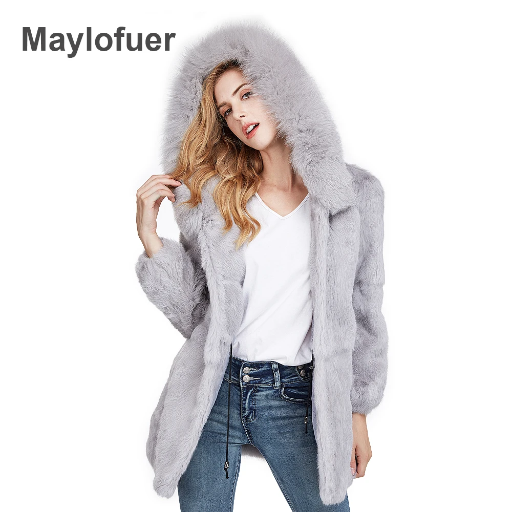 Maylofuer с капюшоном натуральным лисьим мехом воротник пальто женщин натуральный