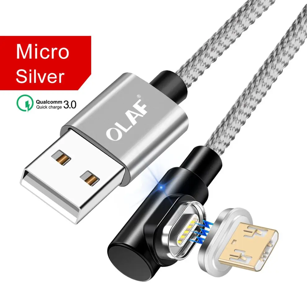 Micro USB Silver Олаф 90 градусов 3а USB Магнитный кабель Micro usb type C кабель для iPhone XR X 7 samsung Xiaomi huawei Быстрый Магнитный кабель для зарядки - Цвет: Micro USB Silver