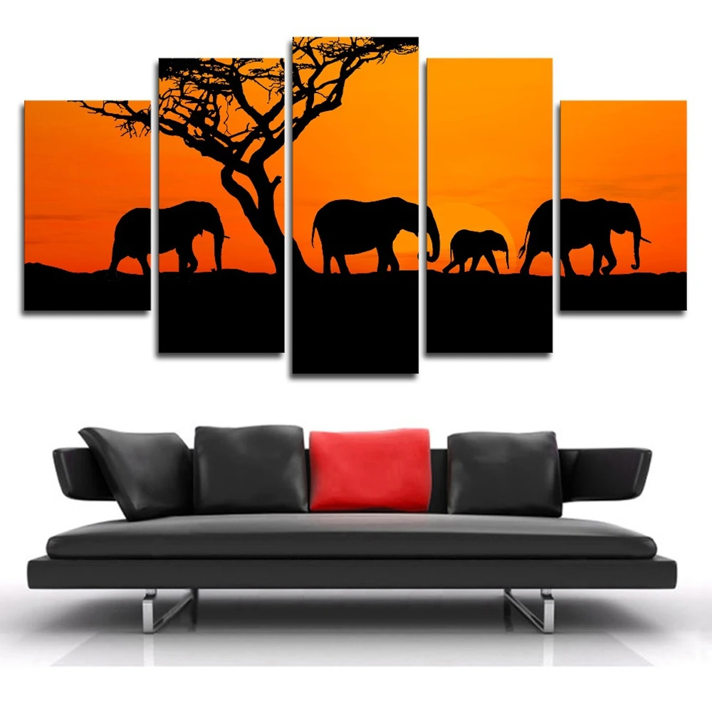 Пятичастное изображение четырех слонов, гуляющих на фоне заката, дерево плакат печати на холсте, современный декор для дома, картинное живопись.