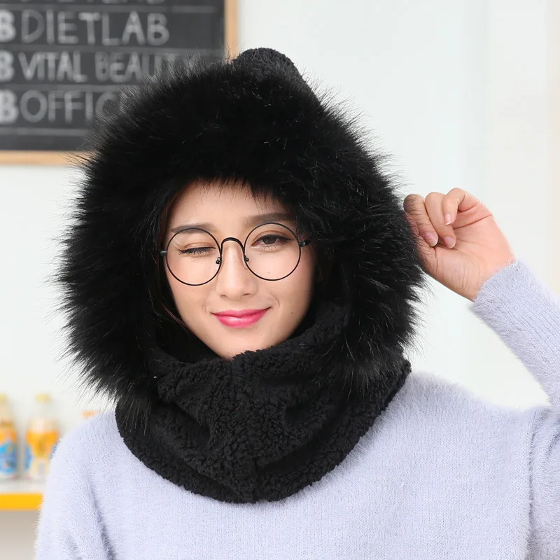 black Костюм двойного назначения для женщин плюс бархат Толстый модный шейный чехол с капюшоном шарф Кепка один шт комплект для девочек шапка-бомбер - Цвет: black