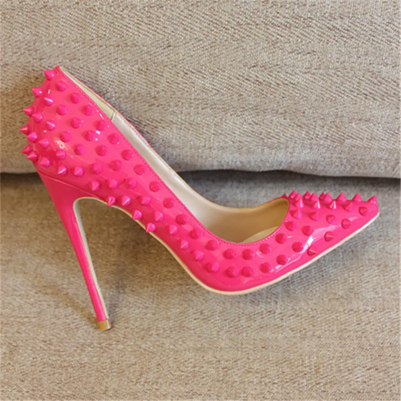 

Free shipping fashion women Pumps Fuchsia studded spikes rivets Pointy toe high heels shoes size33-43 12cm 10cm 8cm party shoes