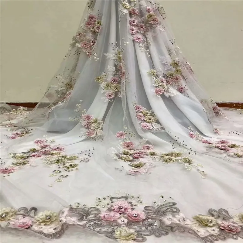 Желтый Африканский французский Тюль кружевная ткань 2018 последние вышитые 3D