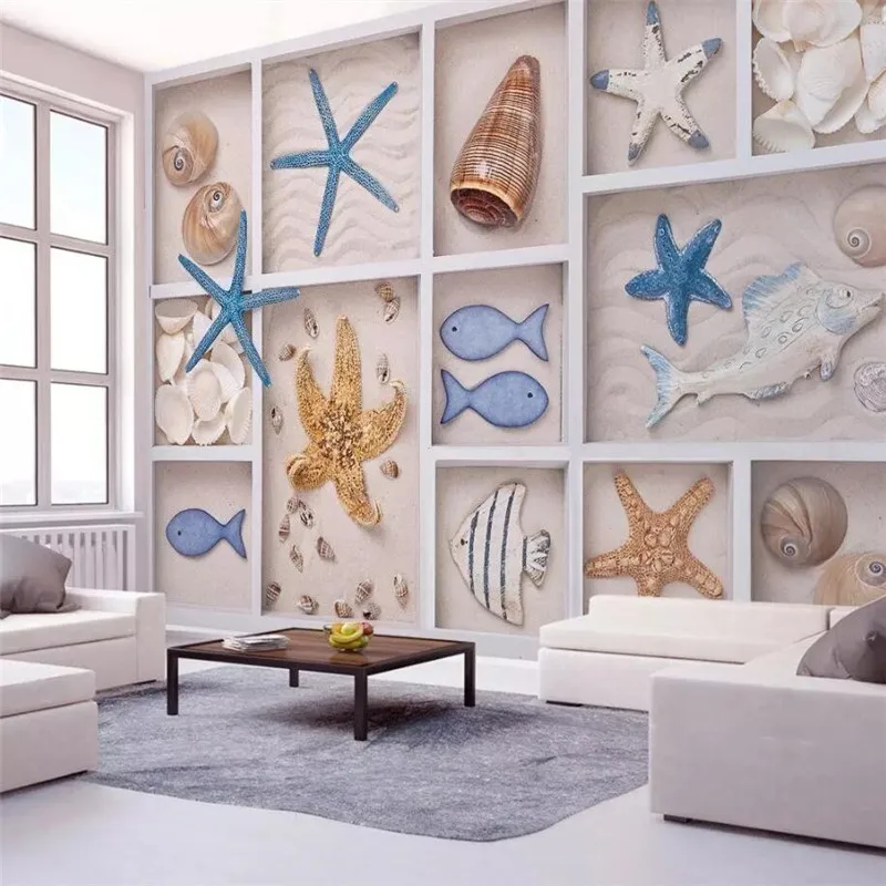 

Starfish sand fish conch lattice 3d Mediterranean TV background wall manufacturers wholesale wallpaper murals custom photo wall