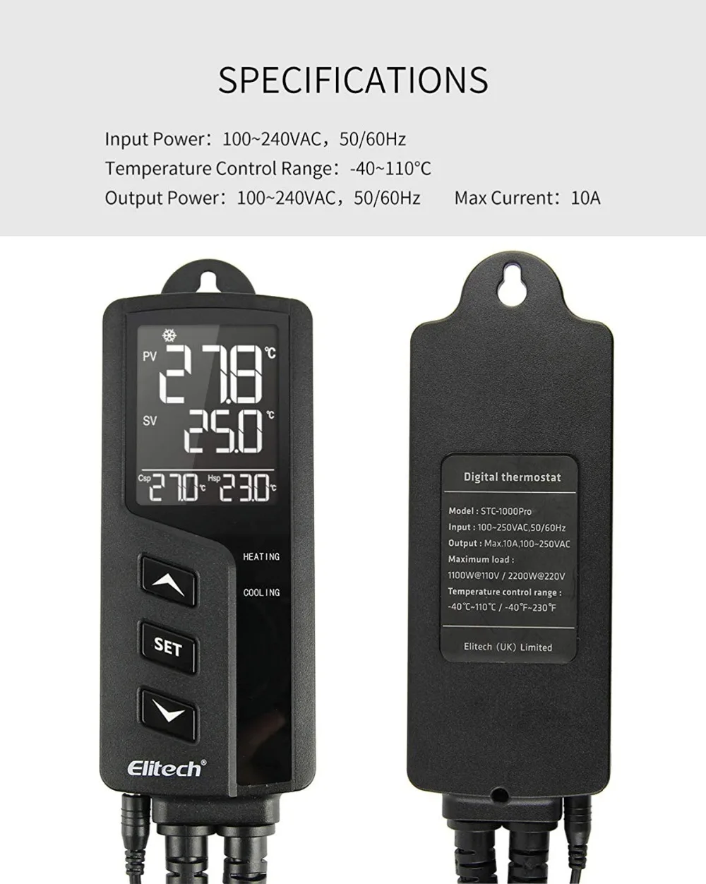 Elitech STC-1000Pro цифровой регулятор температуры Термостат Регулятор, двойное реле, 220 В, с датчиком(розетка ЕС