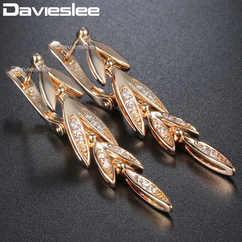 Женские серьги капельки Davieslee с подвеской в виде листика из розового золота 585