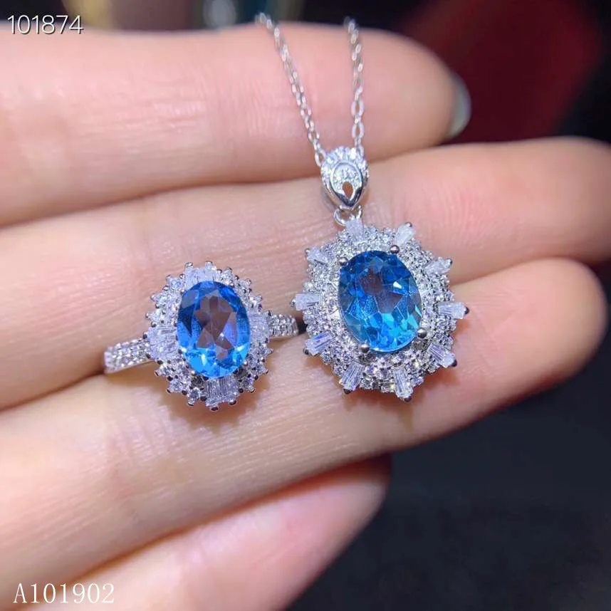 KJJEAXCMY exquisite jewelry 925 sterling silver inlaid natural blue topaz gemstone ladies luxury ring necklace pendant set suppo