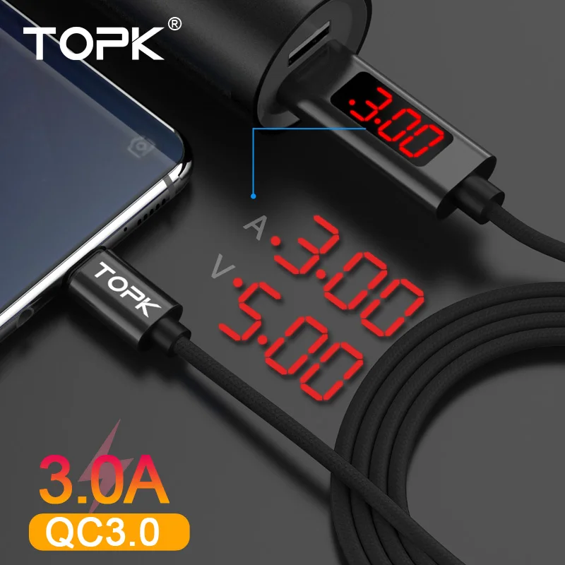USB Type C кабель TOPK AC27 3A(Max) QC 3 0 для быстрой зарядки и передачи данных в нейлоновой