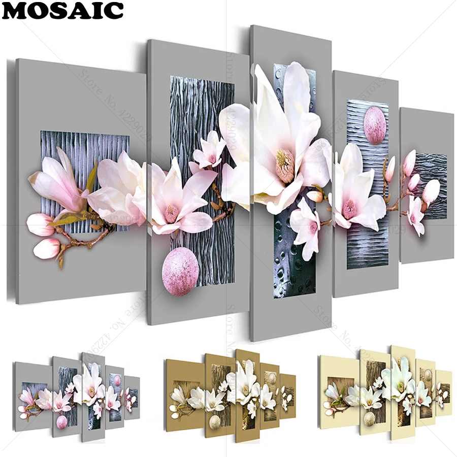 

Home decoration,5d diy diamond painting 5pcs square drill white magnolia painting full diamond embroidery triptych Cross Stitch