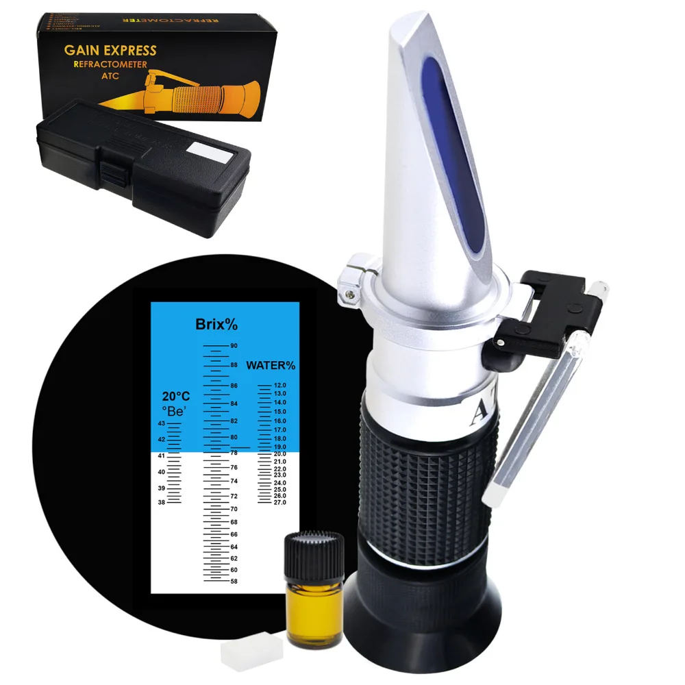 3-em-1 refratômetro de mel 58-90%/12-27%/38-43be bribrix/umidade/baume tester meter atc, kit de teste com óleo & bloco de calibração