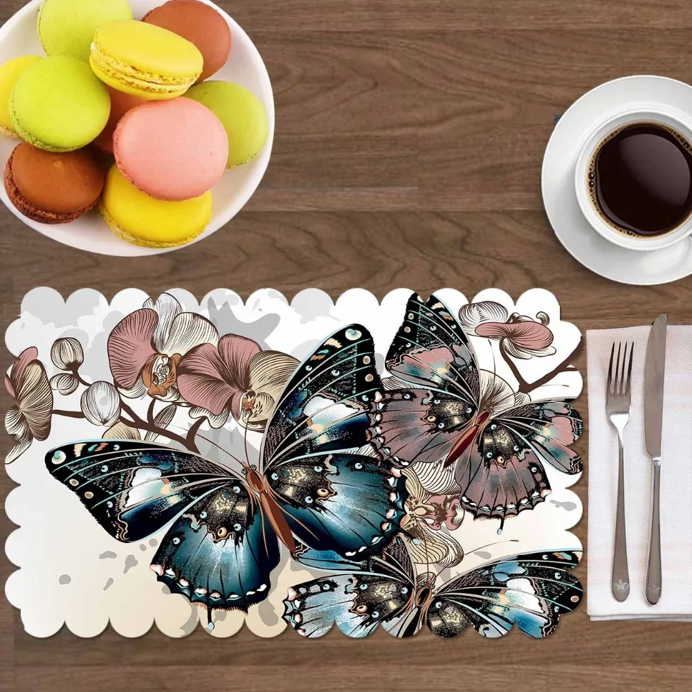 

Else Big Blue Butterfly Brown Flower Tree Branch 4 Pcs 3d Print Washable Micro Fabric Table Placemat Pad for Dining Room Kitchen