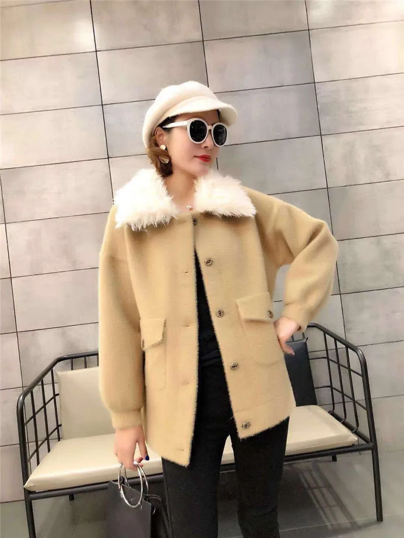 Woman Fashion Lapel Imitated Mink Outcoat Warm Tassel Thickened Pocket Long Sleeve Pure Color Jacket Female Winter New |
