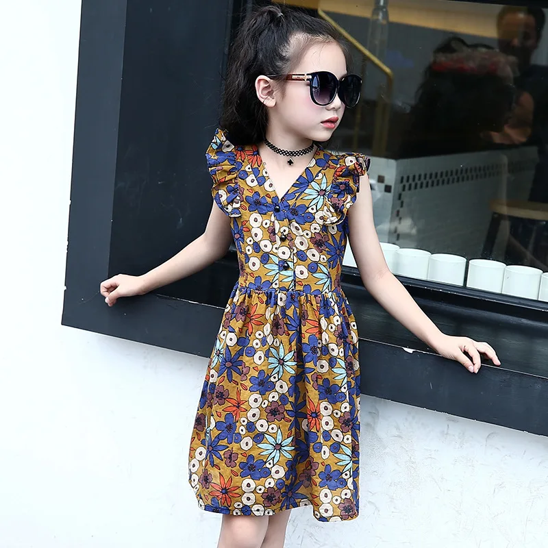 2017 летняя одежда для девочек платье с v-образным вырезом и принтом девушек