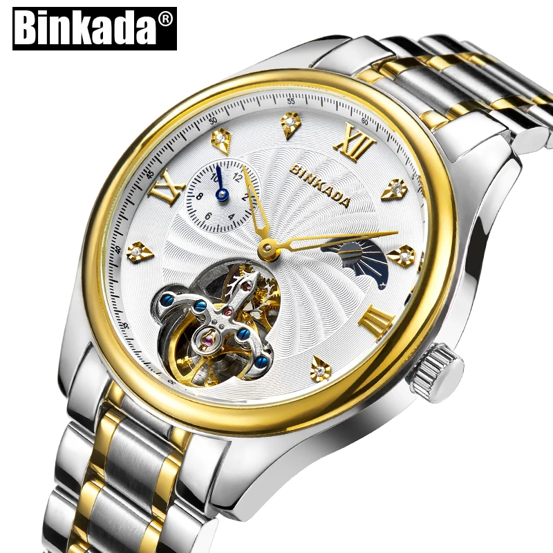 BINKADA новые мужские механические часы Скелетон Toubillon Роскошные модные деловые