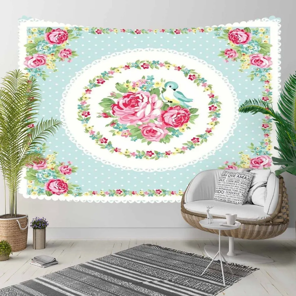 

Else Blue Floor Ethnic Pink Roses Green Leaf Flowers 3D Print Decorative Hippi Bohemian Wall Hanging Landscape Tapestry Wall Art
