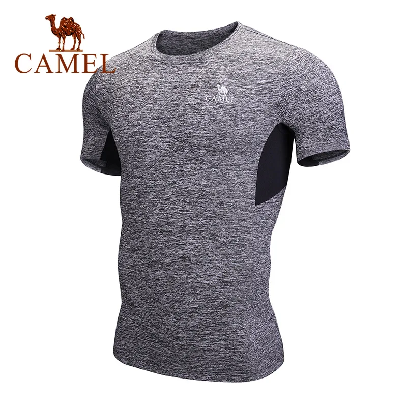 CAMEL Gym T-Shirts Dry Fit Men Sports Fitness Training Outdoor Workout Short Sleeve High Elastic Crossfit Tops Tights - Цвет: 200 Deep Gray