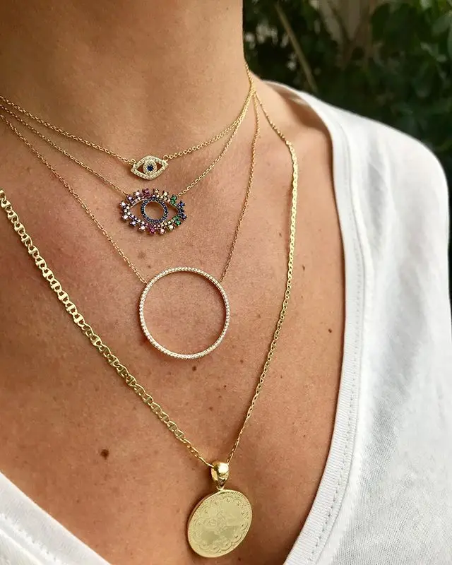 2021 Gold Color Multi Rainbow Cz Lucky Turkish Evil Eye Jewelry Women Charm Dainty Simple Hamsa Hand Fatimas Necklace | Украшения и