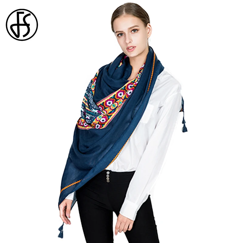 Женский шарф из хлопка и льна FS длинный роскошный брендовый с кисточками