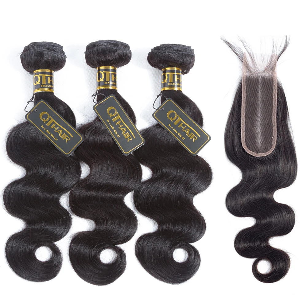 QT Hair Human Weave Bundles With Closure Brazilian Body Wave Lace 3 2*6 Remy Hair|3/4 пучка на сетке| |