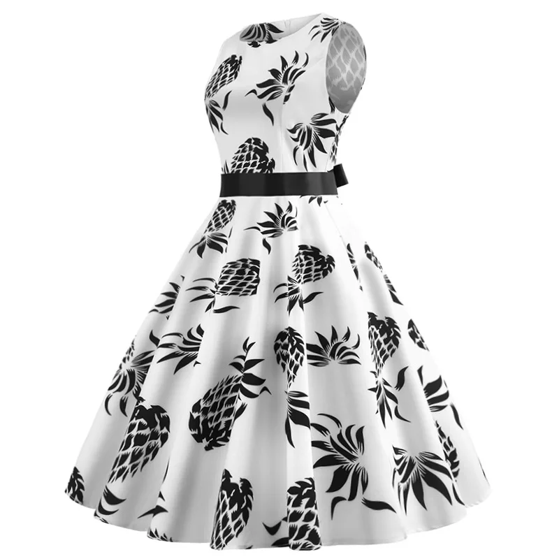 New retro dress temperament round neck sleeveless print black ribbon waist large swing dresses for womans |