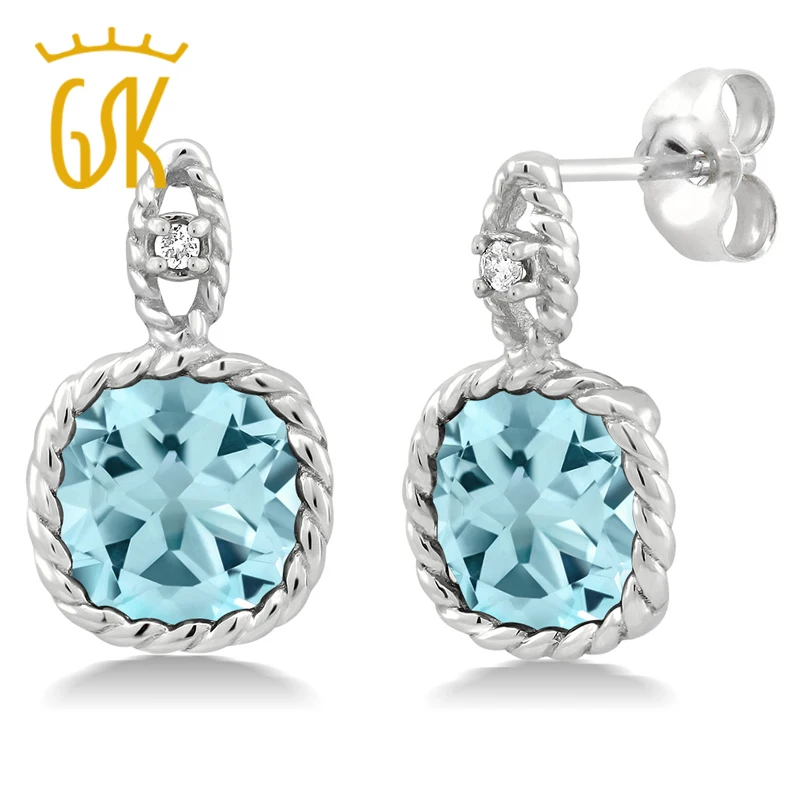 10 К White Gold 5.48 CT 8 мм Подушки голубой топаз и diamond кабель Серьги|diamond topaz earrings|earrings