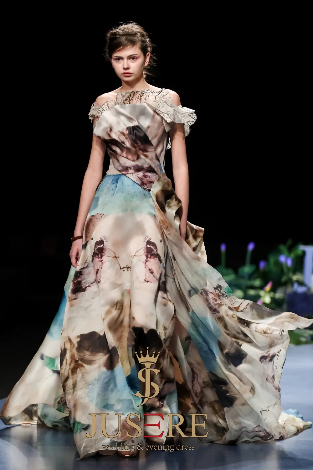 JUSERE FASHION SHOW A-Line Strapless Embroidery Long Evening Dress Court Train Formal Party Gowns Robe De Soiree
