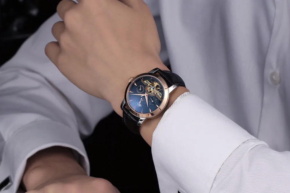 Скелет Бизнес Мужские автоматические часы Топ люксовый бренд спорт Tourbillon механические розовое золото повседневные само ветер BINKADA часы