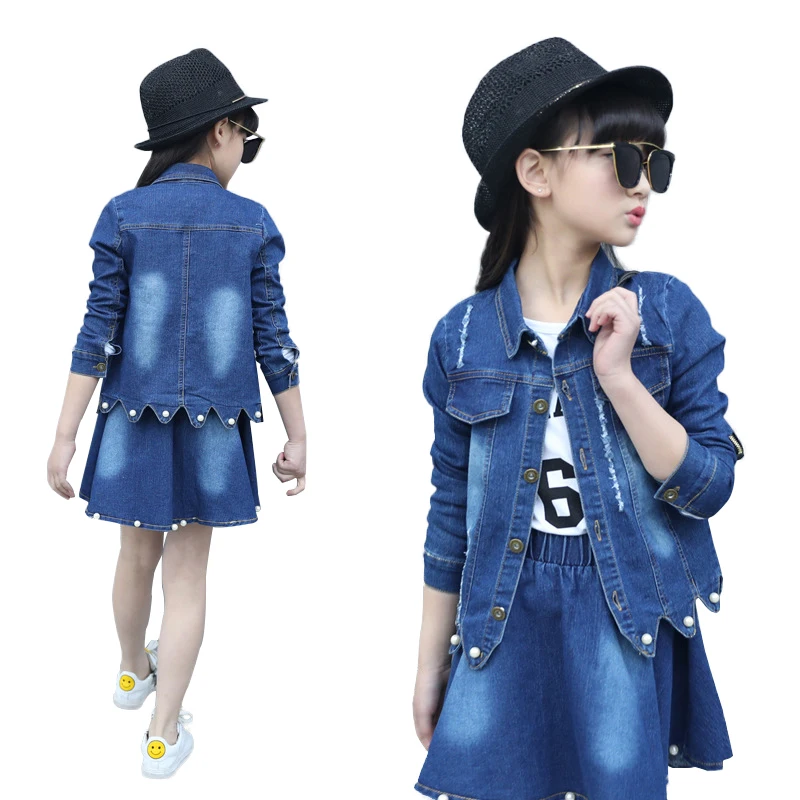 YOOY 2018 Jean Clothing Sets Girls Clothes Kids Denim Jacket+Dress Set Casual Children Autumn Solid Coat+Vestido Suit | Детская одежда