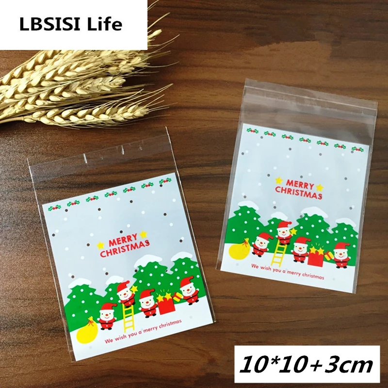 100pcs 10x10+ 3 см красочные веселые Снеговик на Рождество Пластик сумки шоколадные конфеты суп печенья упаковывая мешок самоклеющиеся пакеты