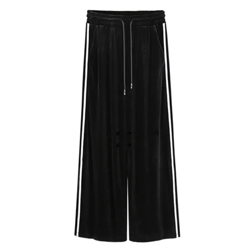Женские бархатные брюки размера плюс 6XL, черные широкие брюки в белую полоску с боковой лентой, свободные брюки OL с высокой талией от AliExpress WW