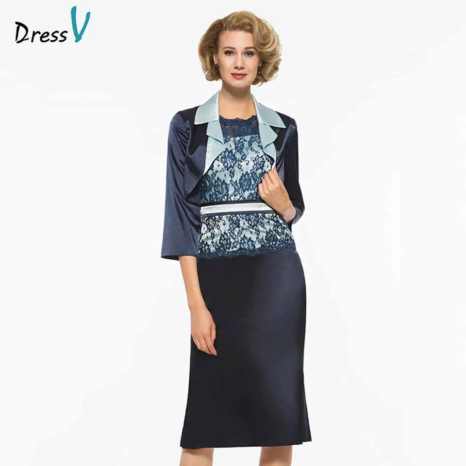 Dressv темно синее кружевное платье с глубоким вырезом для матери невесты коротким
