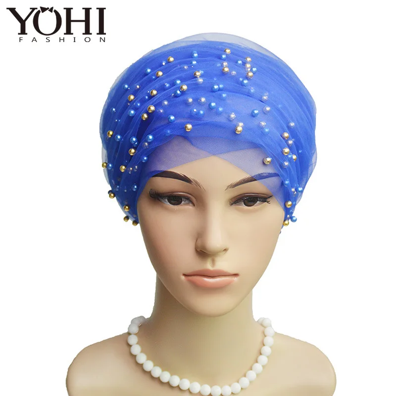 2018  New  Fashion pearl full sky star gauze scarf hat Muslim hat long tailed hat Of women