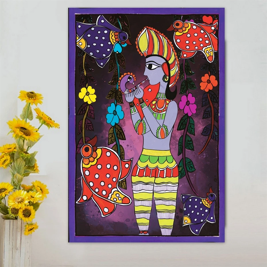 Madhubani Mithila Krishna индийский бог ручная работа нравственный холст искусство на стену