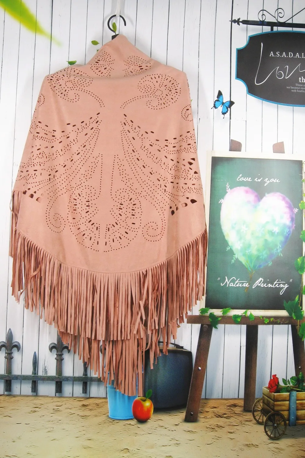 H80&ampS90 Women Suede Scarf Triangle Shawl Tassel Scarves Retro Hollow Geometric Big Size Fashion Pashmina for Lady |
