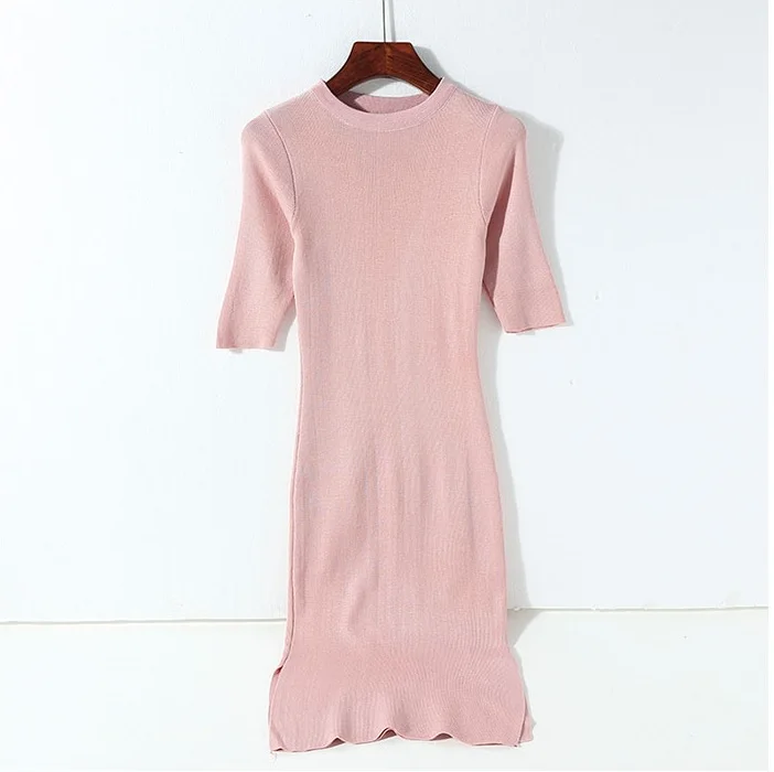 Obrix Long Slim Fit dress O neck Short Sleeve Mid Calf Casual Style Korean fashion|Женские платья| |