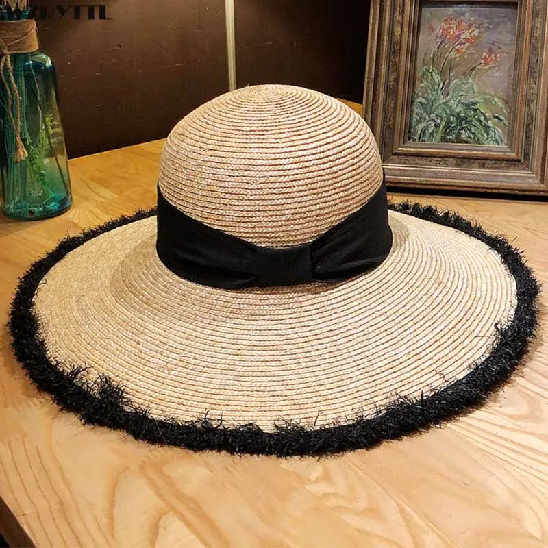 

Elegant Black Fringe Brim Band Women Summer Hat Silk Tie UPF Sun hat Beach Ladies Wide Brim Fedora Travel Derby Hat 55-59CM