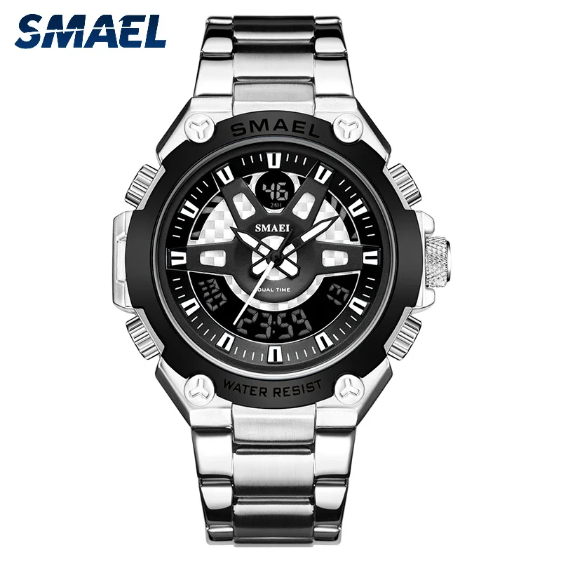 

SMAEL бизнес часы для мужчин Нержавеющая сталь двойной дисплей часы для мужчин s Лидирующий бренд повседневные кварцевые наручные часы relogio ...