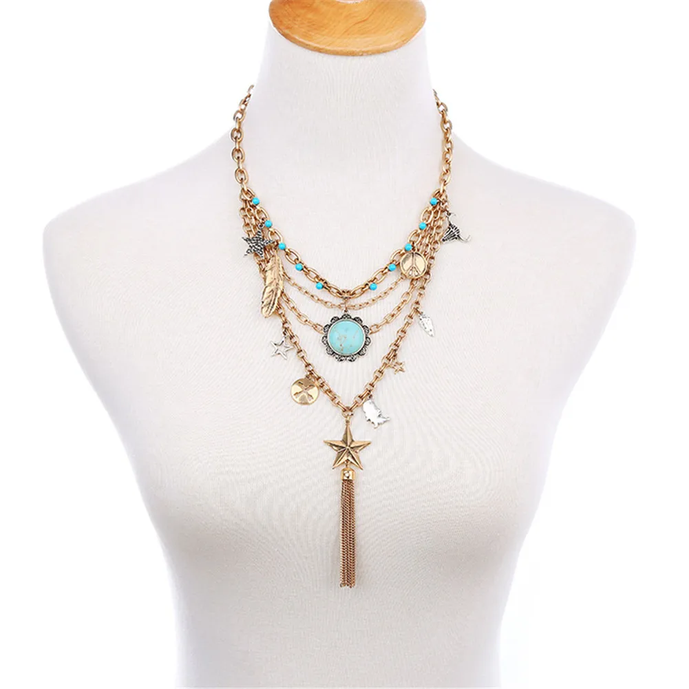 Винтажное многослойное ожерелье Lureme Boho с синим камнем цветком кисточкой
