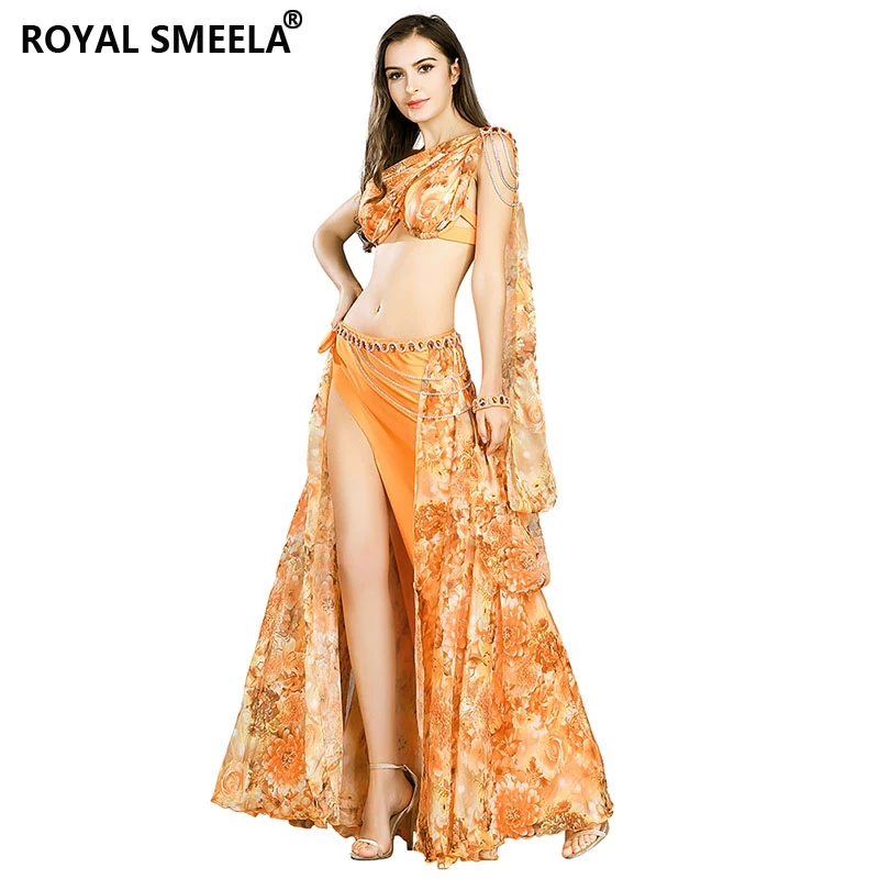 Цветочный узор, натуральные плиссированные плечи, юбка для танца живота, костюм для выступлений, платье для танца живота, костюм для продажи 8834 - Цвет: Оранжевый