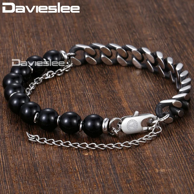 Davieslee бисерный браслет для мужчин и женщин из синего стекла Boho Curb Link из нержавеющей стали Мужской Браслет-цепь из бронзового серебра DDLBM04