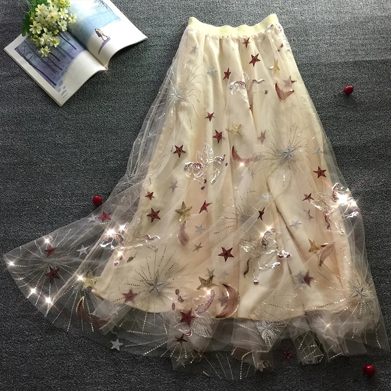 Великолепная абрикосовая сетчатая длинная юбка со звездами Луной и птицами с