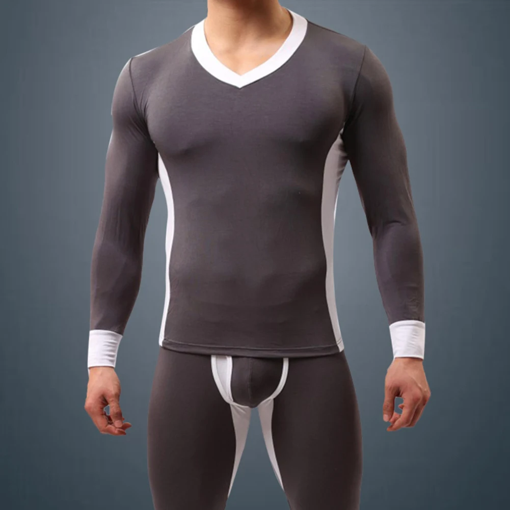 Winter Men Ultra Soft Color Block Thermal Underwear Set Top T-Shirt + Long Pants | Мужская одежда